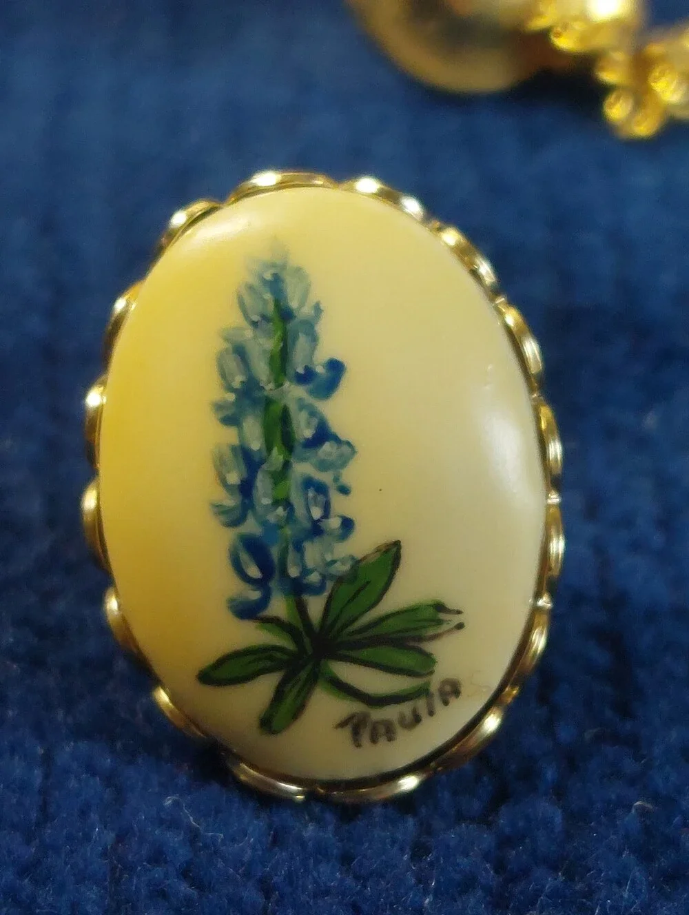 Vintage Signed Paula Hand-Painted Procelain Texas Bluebonnet Tie Tack